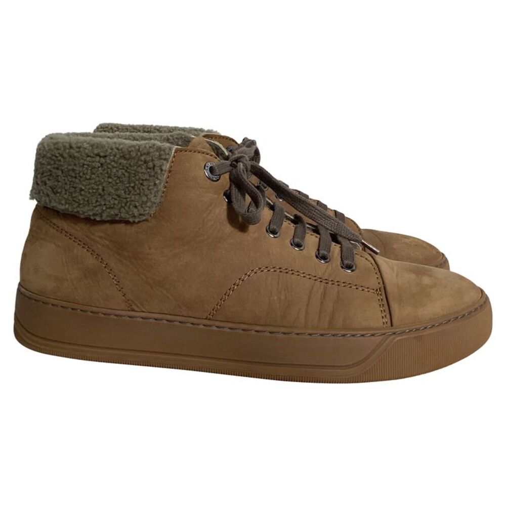Lanvin Nubuck Shear-Lined High-Top Sneakers in Brown Suede